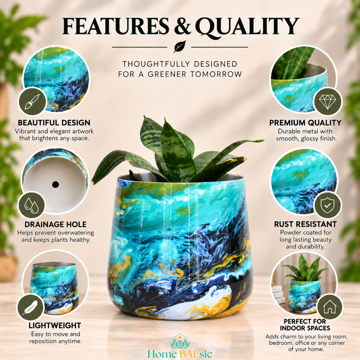 An Oceanic Turquoise tumbler planter highlighting rust resistant, lightweight, drainage hole and premium quality features. glossy marbled planter pot with blue, green, and gold swirls, containing a green succulent, set against a warm beige background with circular feature callouts and the headline 'FEATURES & QUALITY'.