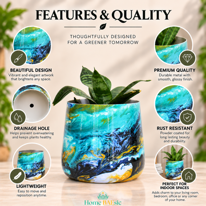 An Oceanic Turquoise tumbler planter highlighting rust resistant, lightweight, drainage hole and premium quality features. glossy marbled planter pot with blue, green, and gold swirls, containing a green succulent, set against a warm beige background with circular feature callouts and the headline 'FEATURES & QUALITY'.