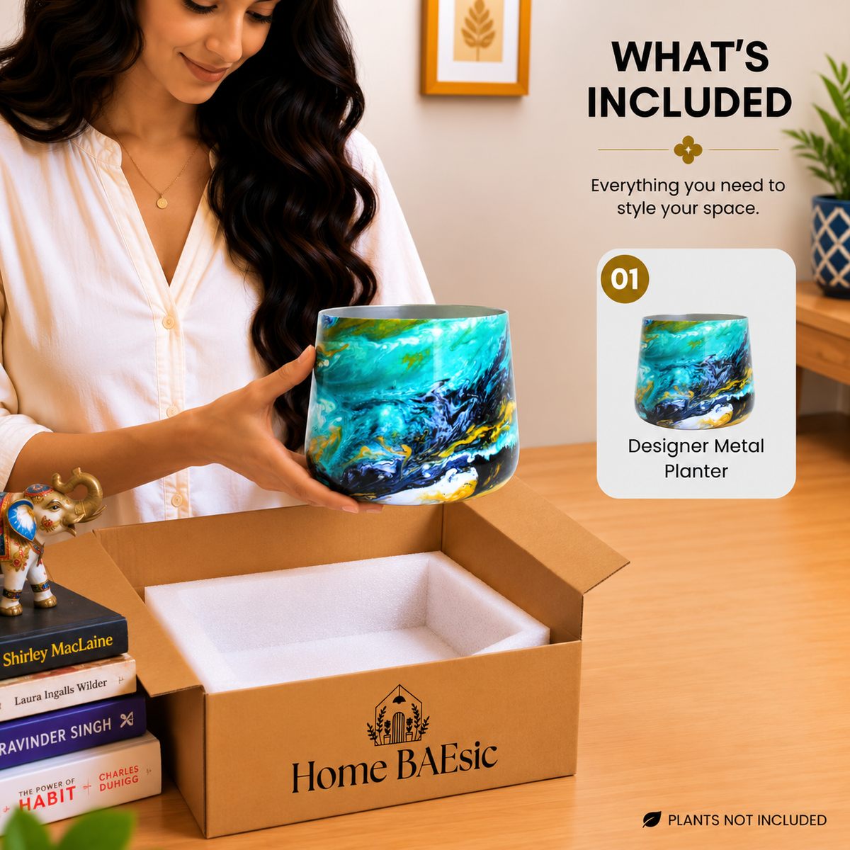 Home BAEsic Oceanic Turquoise tumbler planter shown in hand with the matching designer planter in the What's Included callout.