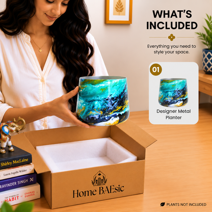 Home BAEsic Oceanic Turquoise tumbler planter shown in hand with the matching designer planter in the What's Included callout.