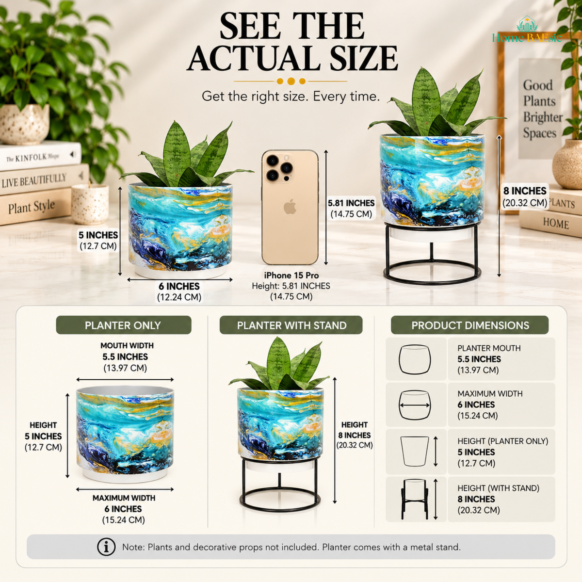 See the Actual Size infographic for the Home BAEsic Oceanic Turquoise Tumbler Metal Planter with metal stand, comparing the planter with an iPhone 15 Pro for size reference. Shows 5.5-inch planter mouth, 6-inch maximum width, 5-inch planter height, and 8-inch height with stand, with product dimension callouts and note that plants and decorative props are not included.