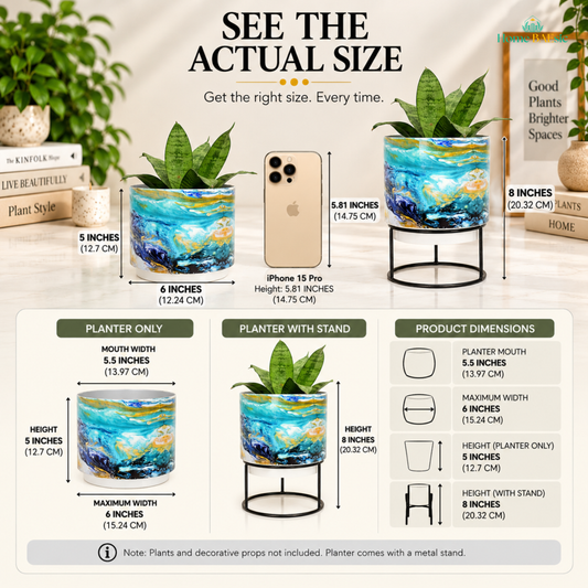 See the Actual Size infographic for the Home BAEsic Oceanic Turquoise Tumbler Metal Planter with metal stand, comparing the planter with an iPhone 15 Pro for size reference. Shows 5.5-inch planter mouth, 6-inch maximum width, 5-inch planter height, and 8-inch height with stand, with product dimension callouts and note that plants and decorative props are not included.
