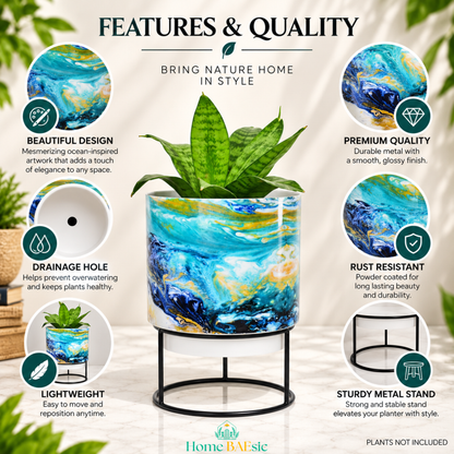 Oceanic Turquoise Metal Tumbler Planter with Stand featuring ocean-inspired blue, turquoise, white and gold marble design, drainage hole, rust-resistant finish and sturdy black metal stand.
