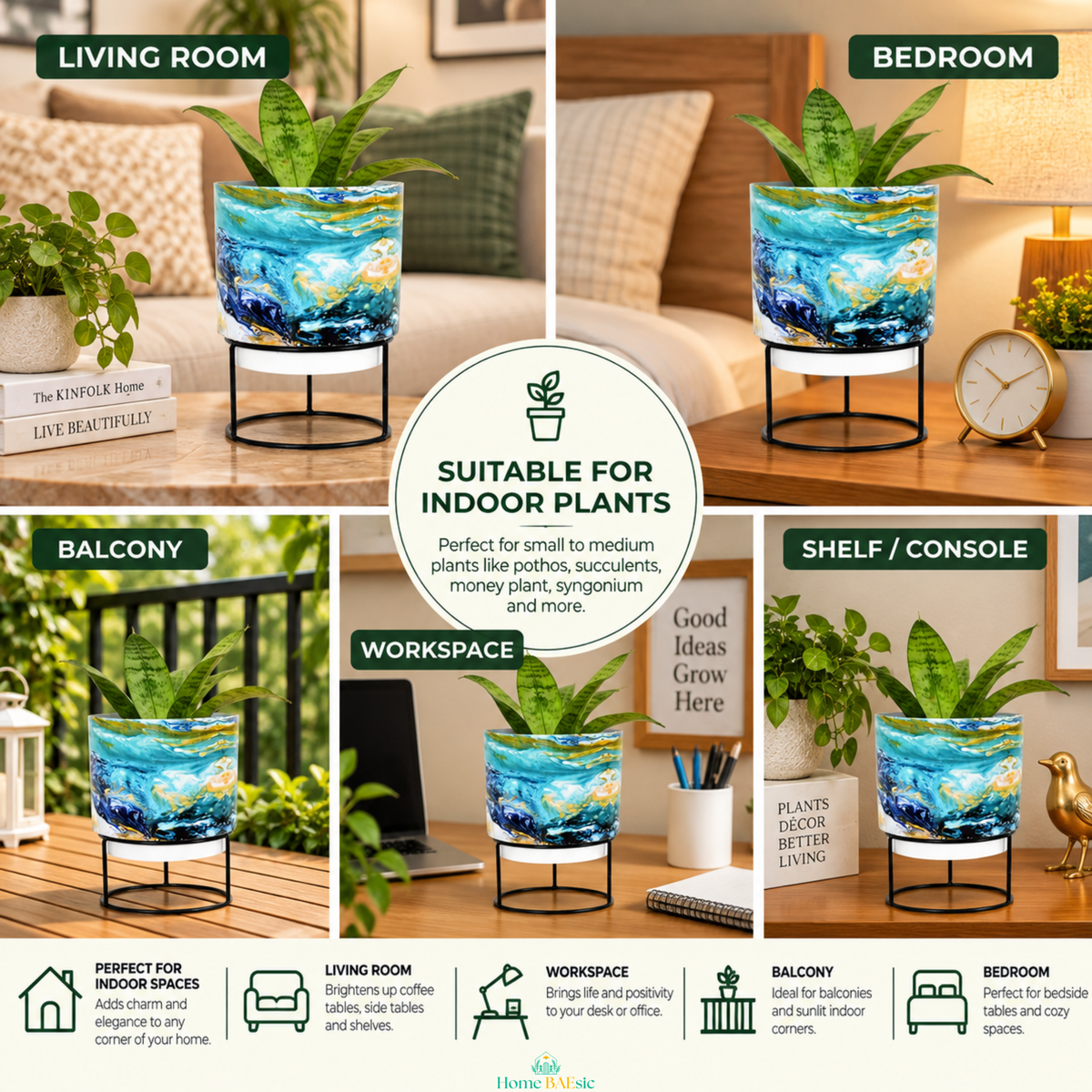 Oceanic Turquoise designer metal tumbler planter with stand displayed in living room, bedroom, balcony, workspace and shelf settings, featuring blue, turquoise, white and gold marble artwork, sturdy black metal stand and green indoor plant