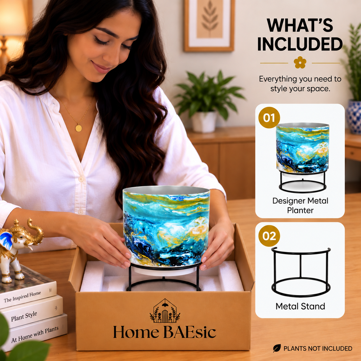 Home BAEsic Oceanic Turquoise designer metal tumbler planter with black metal stand shown being unpacked from an open box, with a woman gently touching the planter and “What’s Included” callouts showing the complete planter with stand and the metal stand separately.