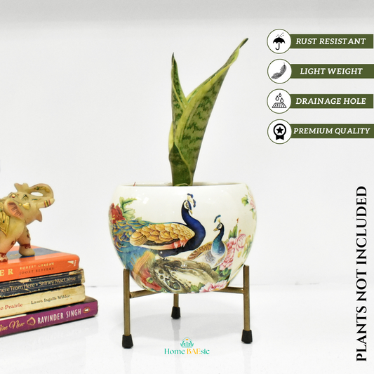 Decorative white plant pot with peacock design. Peacock In Garden Metal Planter Indoor Home & Garden | Home BAEsic