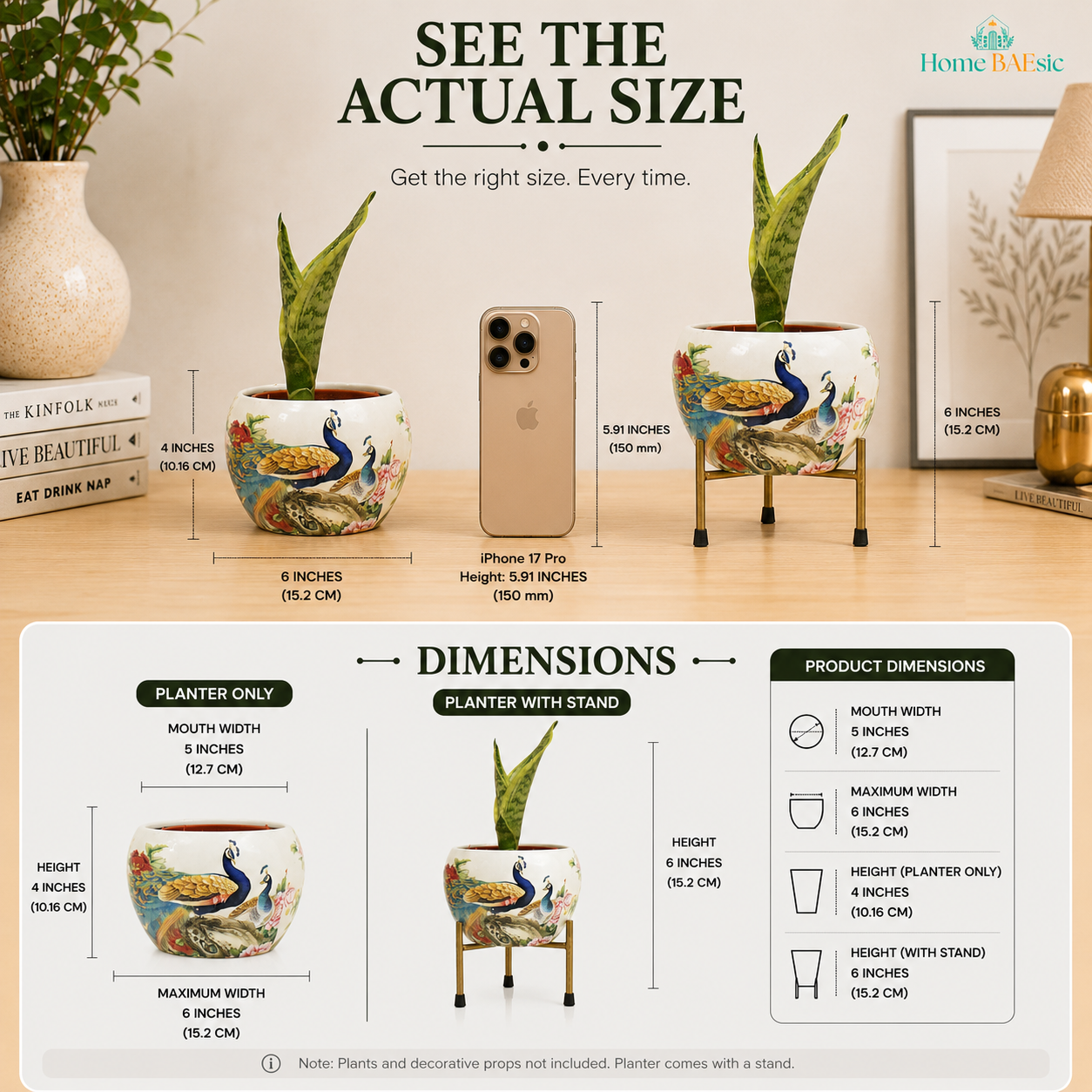Peacocks in Garden metal planter with brass stand showing actual size and dimensions, 6-inch maximum width, 4-inch planter height and 6-inch height with stand.
