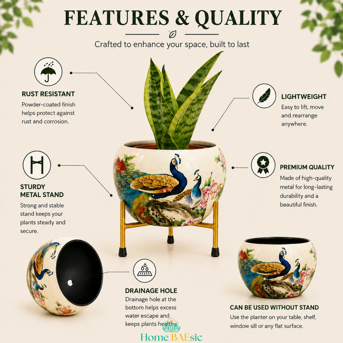 Peacocks in Garden metal planter showing rust resistant finish, lightweight design, drainage hole and premium quality
