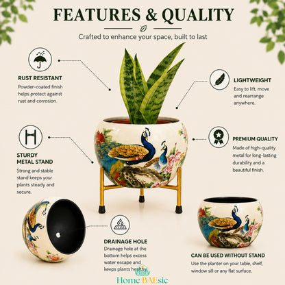 Peacocks in Garden metal planter showing rust resistant finish, lightweight design, drainage hole and premium quality