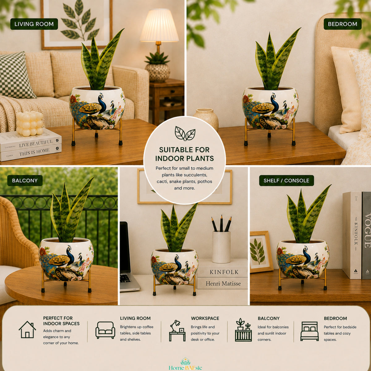 Peacocks in Garden planter styled in living room, bedroom, balcony, workspace and shelf settings