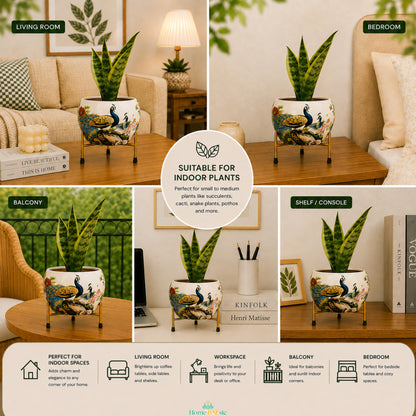 Peacocks in Garden planter styled in living room, bedroom, balcony, workspace and shelf settings