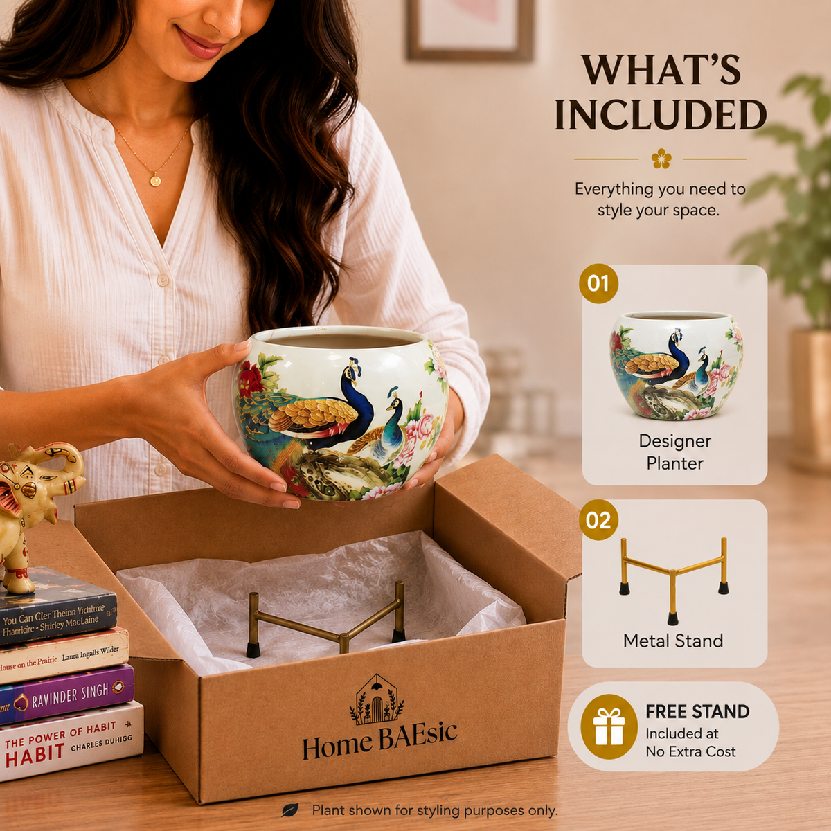 A woman holds a peacock design planter with metal stand above an open cardboard box labeled Home BAEsic, with included accessories displayed in a styled indoor setting. Text on the right lists what is included: a designer planter, metal stand, and free stand included at no extra cost.