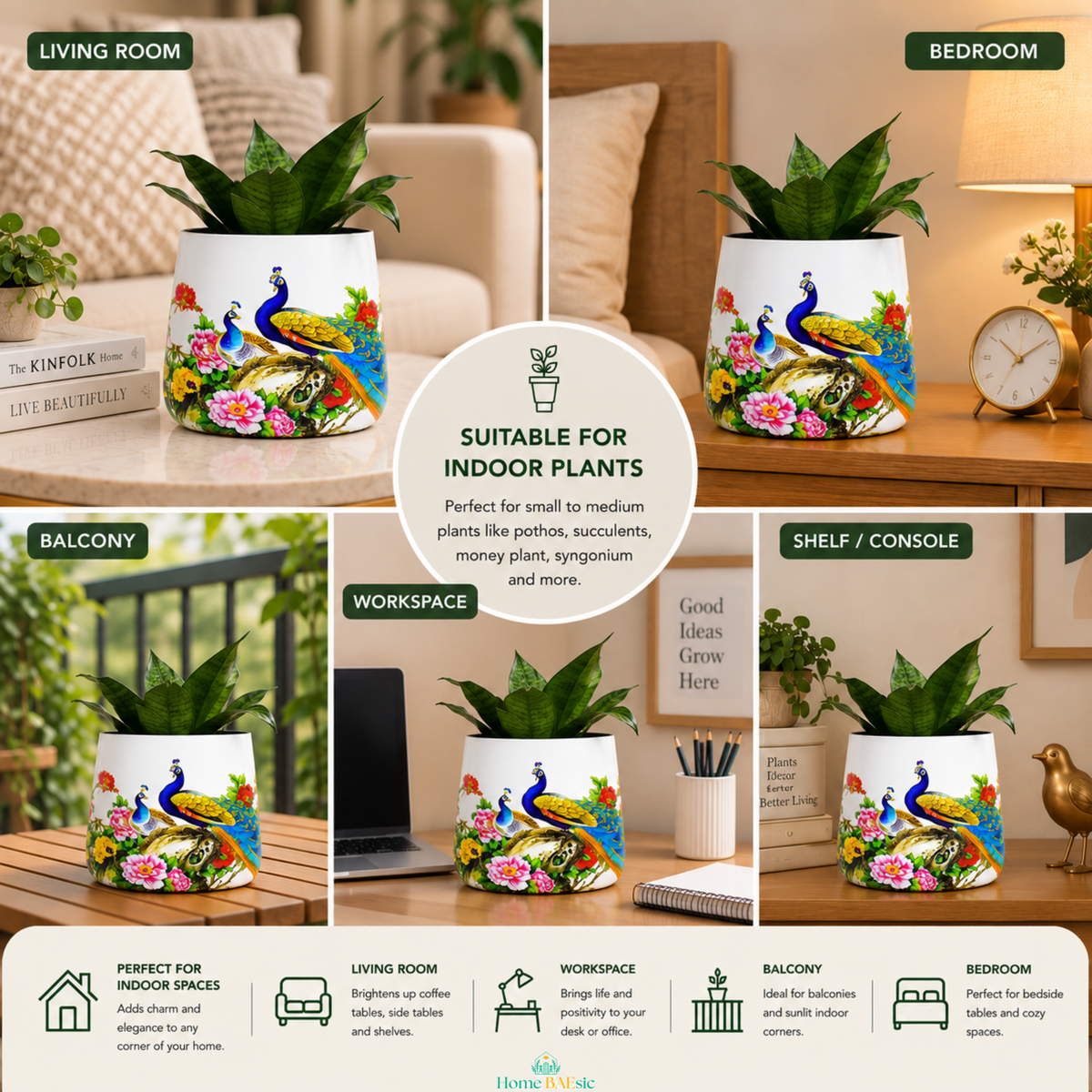 A Peacocks in Garden tumbler metal planter collage decorated with a colorful peacock and floral illustration, styled in multiple indoor settings including living room, bedroom, balcony, shelf/console, and workspace. A central circular badge reads 'SUITABLE FOR INDOOR PLANTS' with room labels around the collage.
