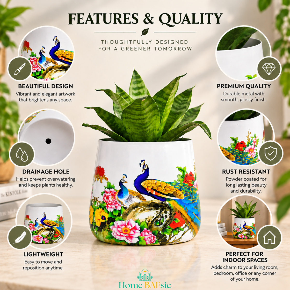A Peacocks in Garden tumbler planter metal planter pot with a colorful peacock and floral illustration, shown on a light marble surface with callouts around it highlighting rust resistant, lightweight, drainage hole and premium quality features