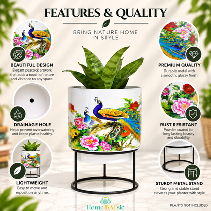 Peacocks in Garden Tumbler Metal Planter with Stand featuring colorful peacock and floral artwork, drainage hole, lightweight rust-resistant metal planter, premium glossy finish and sturdy black metal stand.