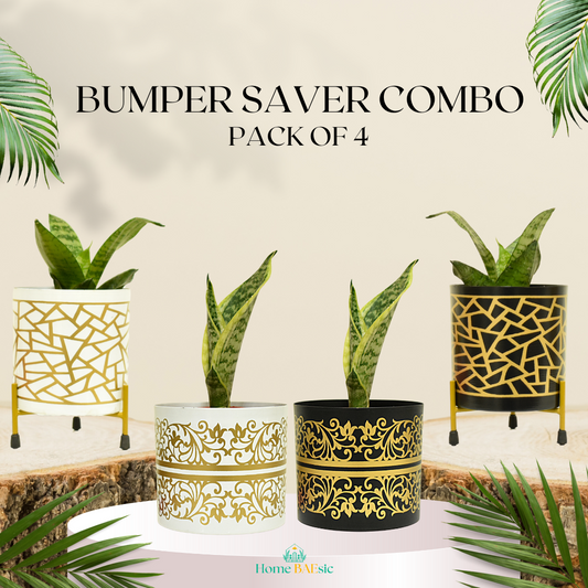 Bumper Saver Combo | Set of 4 Metal Planter With Metal Stand (Golden Black & White Floral + Golden Black & White Mosaic) | Home & Garden | 5 Inches