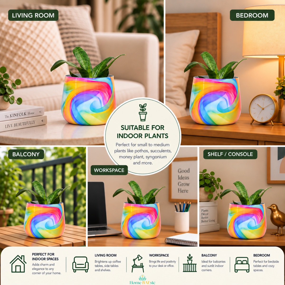 Rainbow Breeze tumbler metal planter shown in a home setting