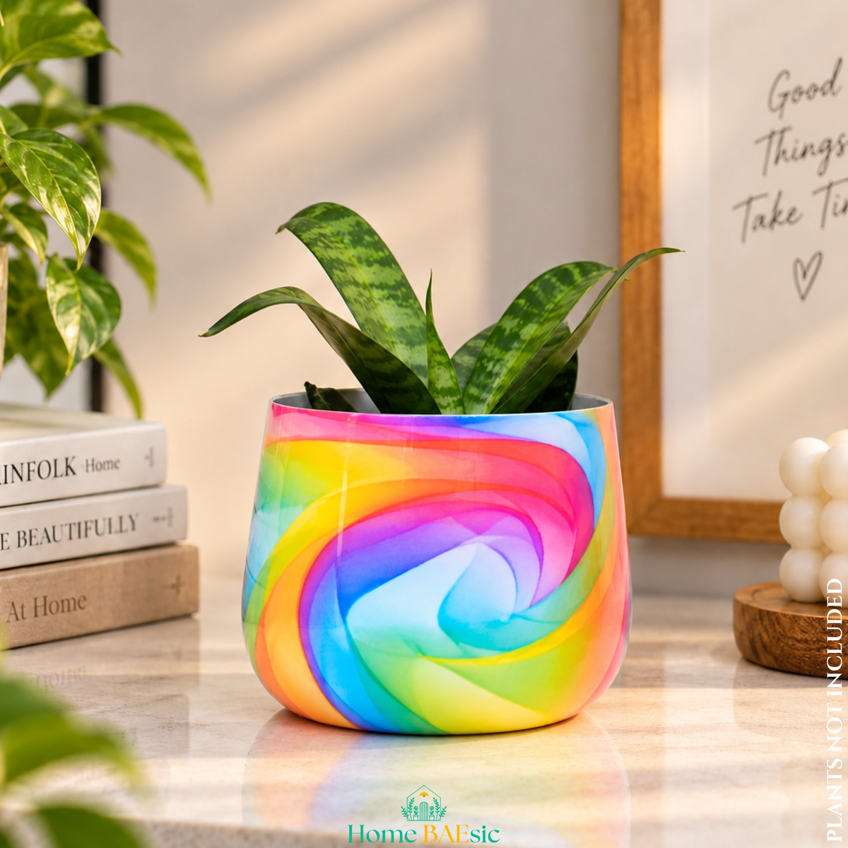 Rainbow Breeze tumbler metal planter styled indoors
