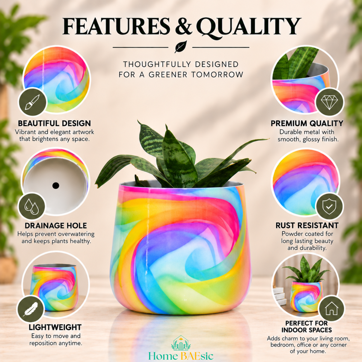 Rainbow Breeze Tumbler Metal Planter – 6 Inch Indoor Pot | Home BAEsic