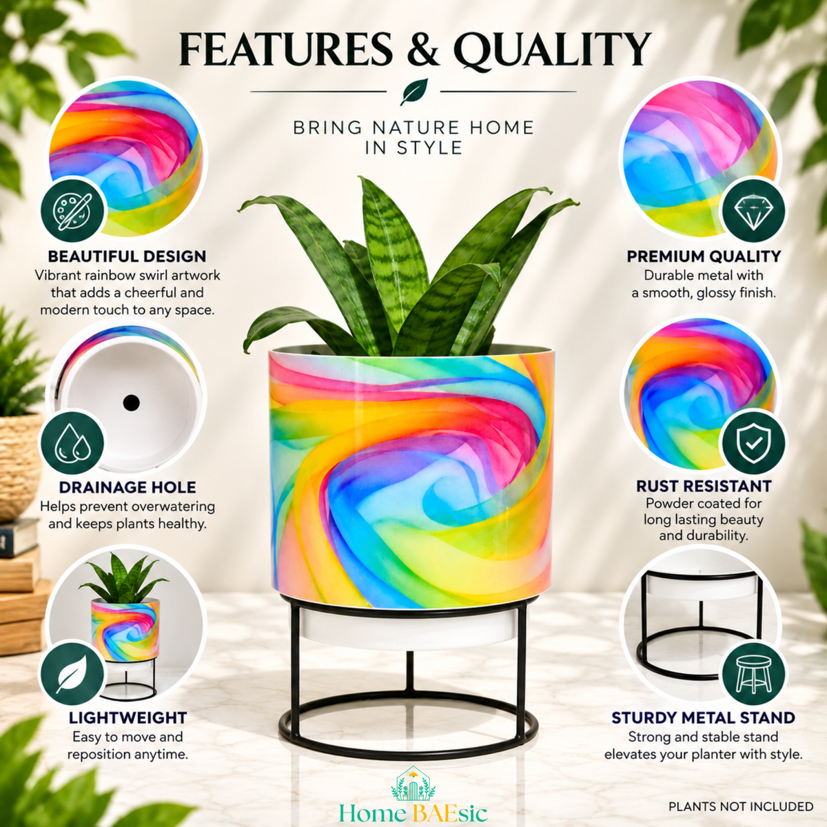 Home BAEsic Rainbow Breeze tumbler metal planter with black metal stand, featuring vibrant rainbow swirl artwork, drainage hole, lightweight metal construction, premium glossy finish, rust-resistant coating, and sturdy metal stand. Plants not included.