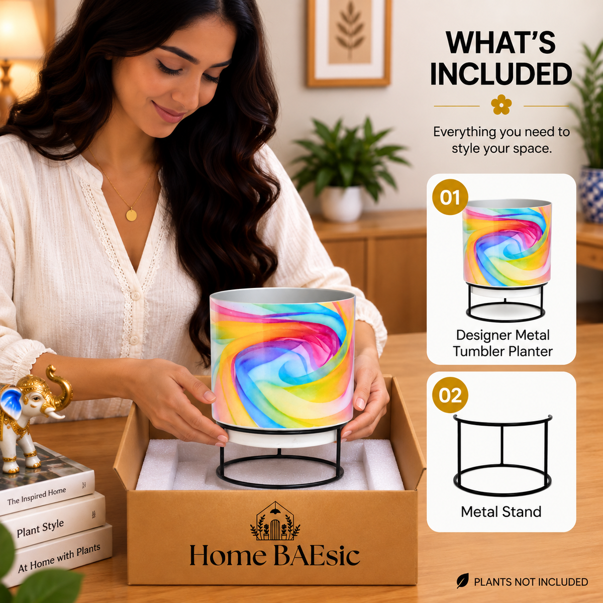 Home BAEsic Peacocks in Rainbow Breeze tumbler planter with black metal stand, shown being carefully unpacked from a kraft box alongside a “What’s Included” display featuring the planter and stand.