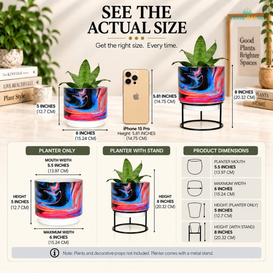 Home BAEsic Rosso Storm designer metal tumbler planter with a vibrant black, blue and red marbled finish, shown with and without its black metal stand, alongside an iPhone 15 Pro for size comparison. The infographic shows the planter is 6 inches wide and 5 inches high, or 8 inches high with the stand.