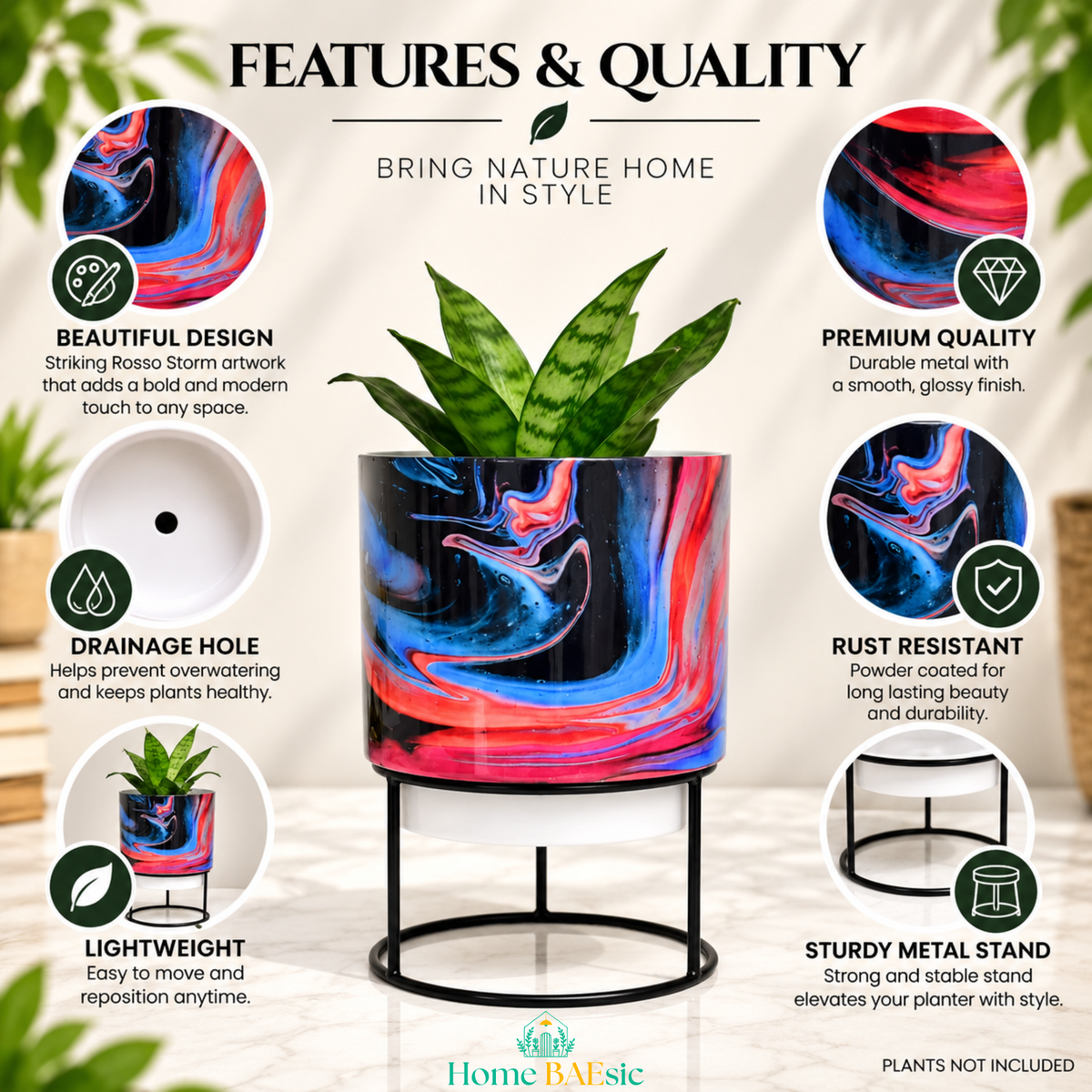 Home BAEsic Rosso Storm tumbler metal planter with black metal stand, featuring bold red, blue and black swirl artwork, with callouts highlighting beautiful design, drainage hole, lightweight construction, premium glossy finish, rust resistance and sturdy metal stand. Plants not included.