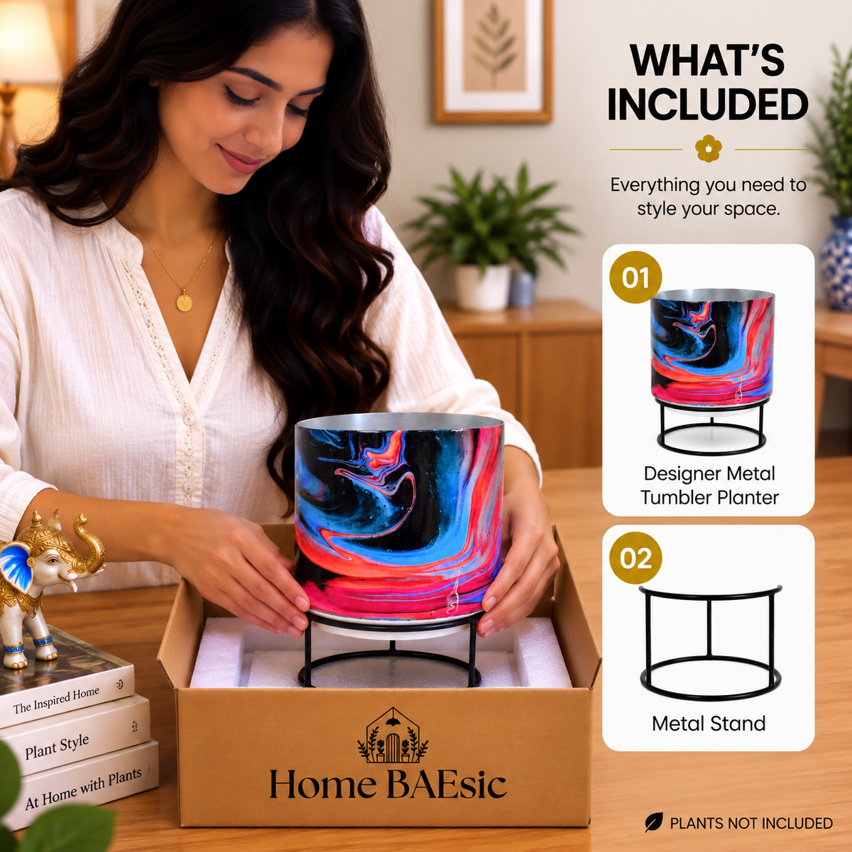 Home BAEsic Peacocks in Rosso Storm tumbler planter with black metal stand, shown in a lifestyle unboxing scene with the planter and stand displayed as included products.