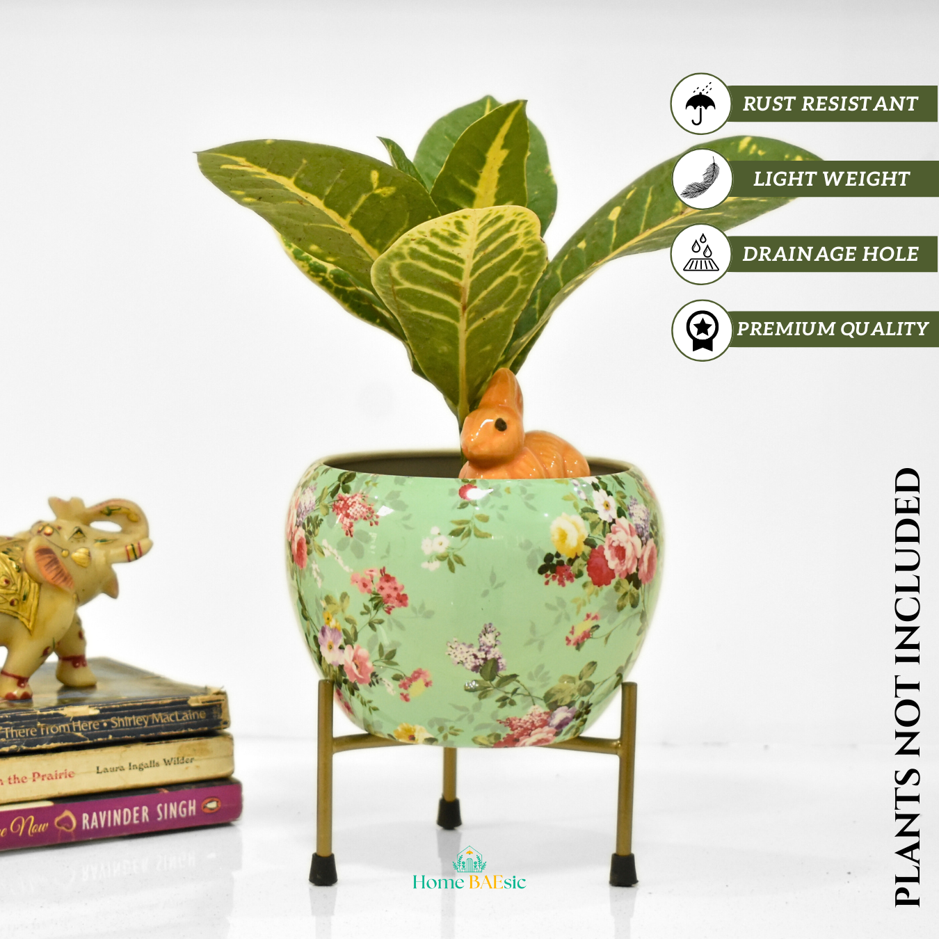 Decorative floral pot with a stand. Sea Green Floral Metal Pot & Planter |  6 Inches | Home BAEsic | Home and Garden