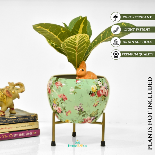 Decorative floral pot with a stand. Sea Green Floral Metal Pot & Planter |  6 Inches | Home BAEsic | Home and Garden