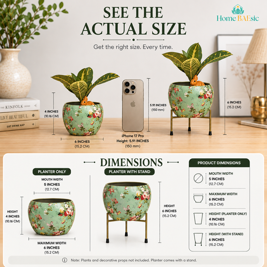 Sea green floral metal planter with decorative stand shown with plant for size and dimensions reference. Image by Home BAEsic