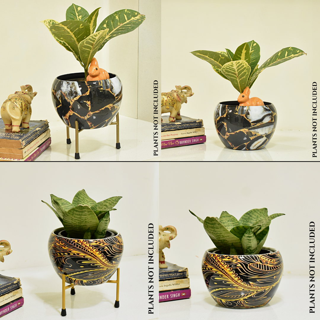 Metal Pot and Planter Combo With Stand | Golden Black and White | Black Golden Asbstract | For Indoor Home and Garden By Home BAEsic