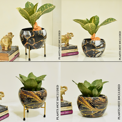 Metal Pot and Planter Combo With Stand | Golden Black and White | Black Golden Asbstract | For Indoor Home and Garden By Home BAEsic