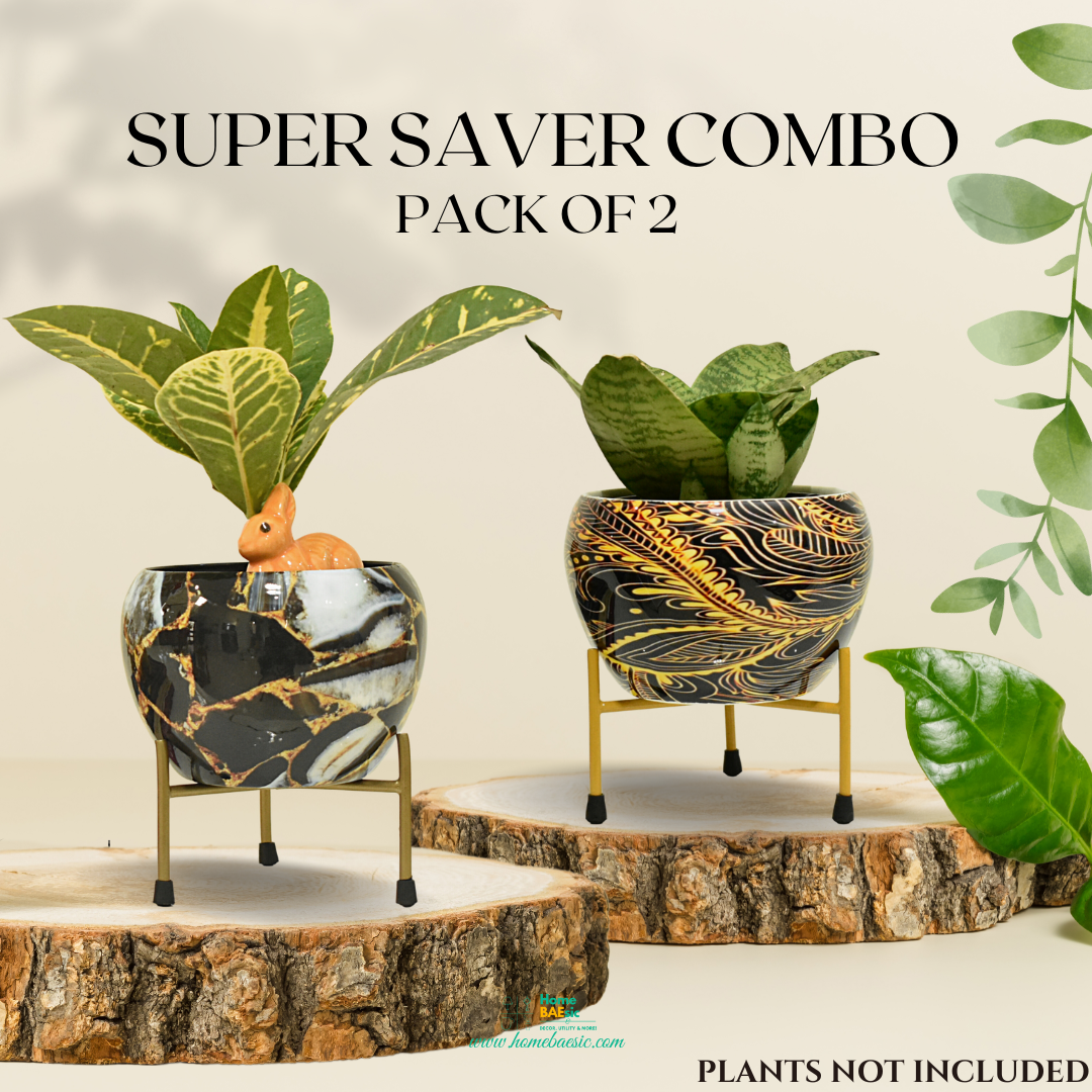 Metal Pot and Planter Combo With Stand | Golden Black and White | Black Golden Asbstract | For Indoor Home and Garden By Home BAEsic