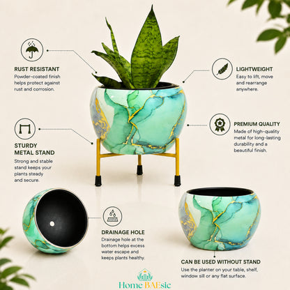 Turquoise Gold Planter with golden metal stand showing rust-resistant finish, lightweight design, drainage hole and premium metal quality