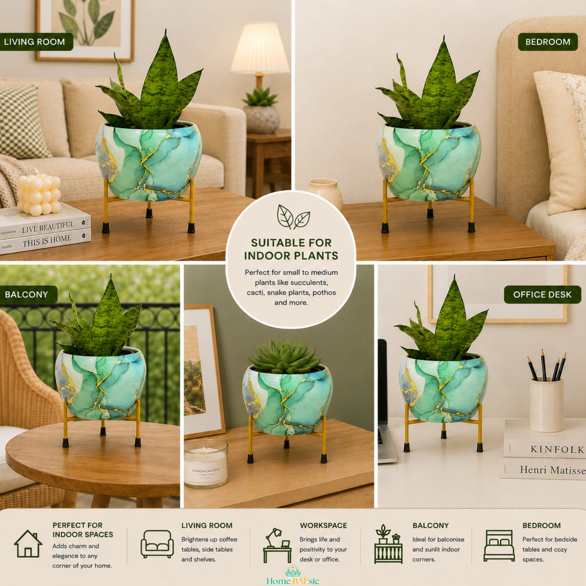 Turquoise Gold metal planter shown in living room, bedroom, and balcony settings