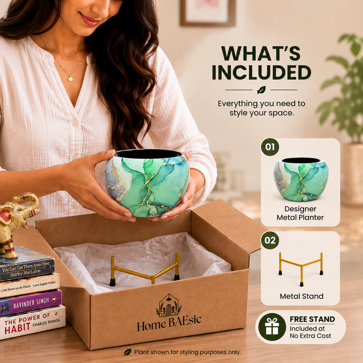 A woman holds a Turquoise Gold marble-patterned metal planter bowl above an open Home BAEsic cardboard box containing a gold-colored metal stand. The image includes a 'WHAT'S INCLUDED' infographic on the right detailing the planter, stand, and free stand offer.