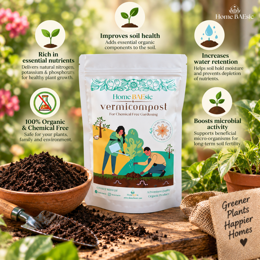 Home BAEsic vermicompost pouch with visual callouts highlighting soil health, essential nutrients, water retention and beneficial microbial activity