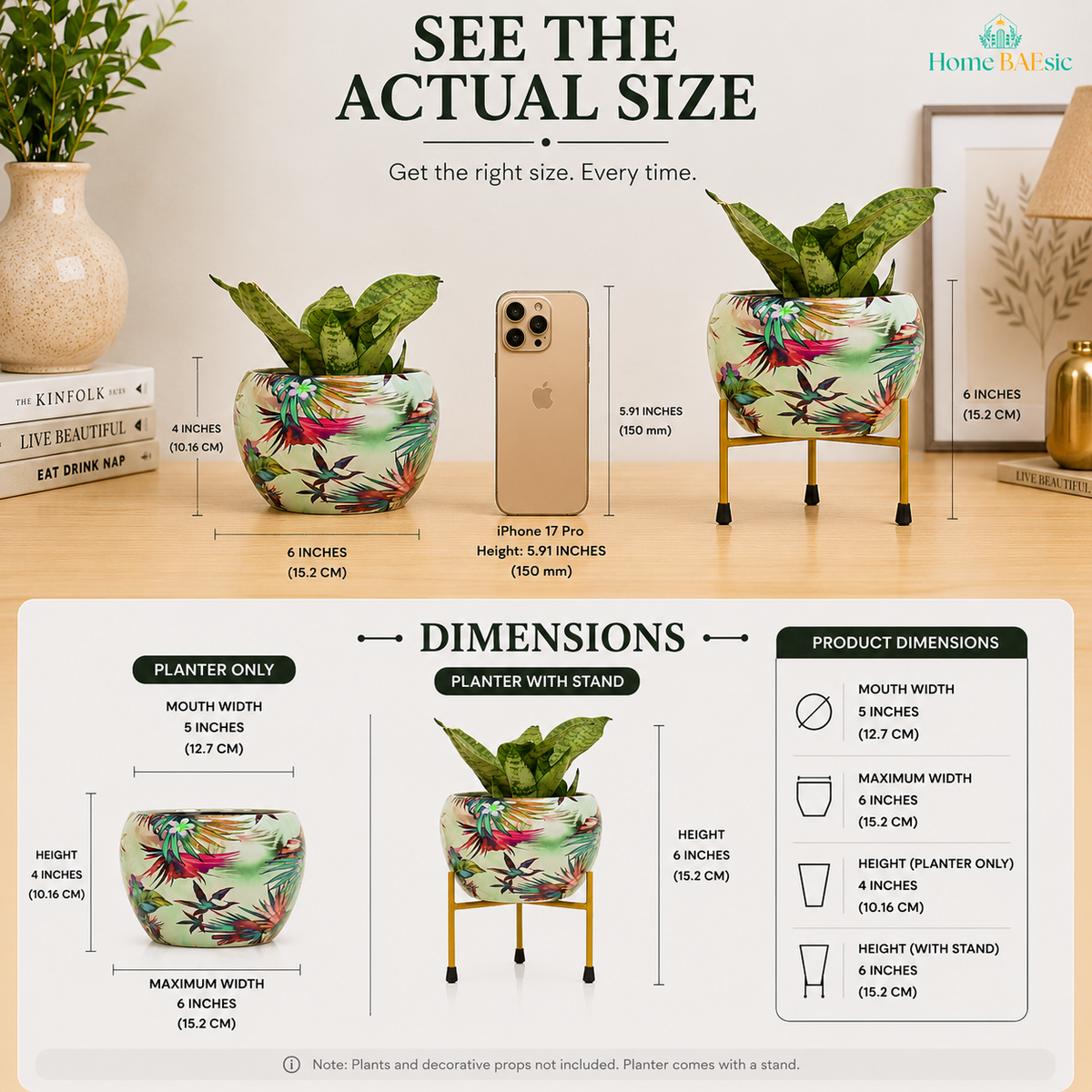 Viola floral print metal planter size guide showing 5-inch mouth width, 6-inch maximum width, 4-inch planter height, and 6-inch height with gold color metal stand
