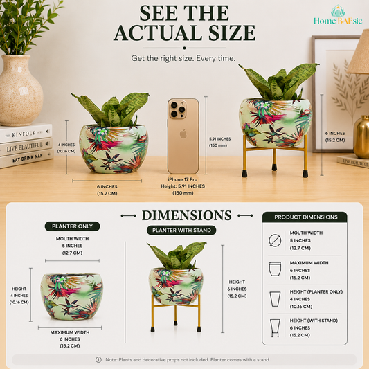 Viola floral print metal planter size guide showing 5-inch mouth width, 6-inch maximum width, 4-inch planter height, and 6-inch height with gold color metal stand
