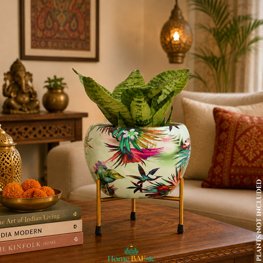 Viola designer metal planter with metal stand styled in a modern Indian living room with an indoor plant