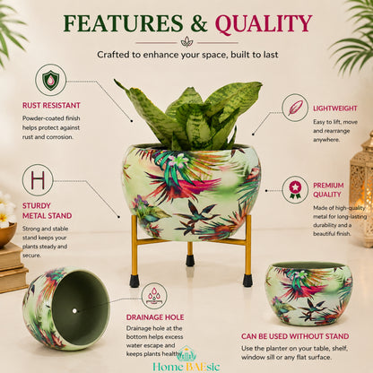 Viola designer metal planter features and quality infographic showing rust-resistant finish, lightweight design, drainage hole and sturdy metal stand