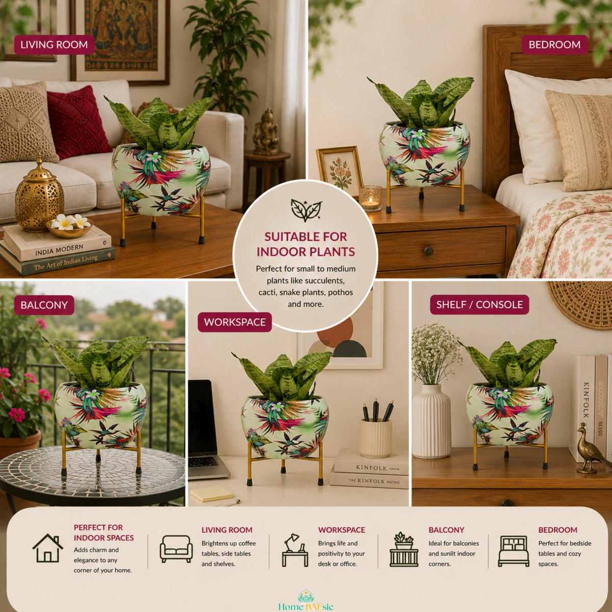Viola designer metal planter with stand displayed in living room, bedroom, balcony, workspace and shelf settings