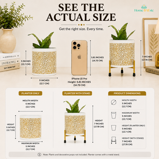 See the actual size infographic for the White & Golden Vines Planter, showing the 5-inch planter beside an iPhone for size comparison and the planter with its gold metal stand at 7 inches tall. The graphic highlights a 5-inch mouth width, 5-inch maximum width, 5-inch planter height, and 7-inch height with stand.