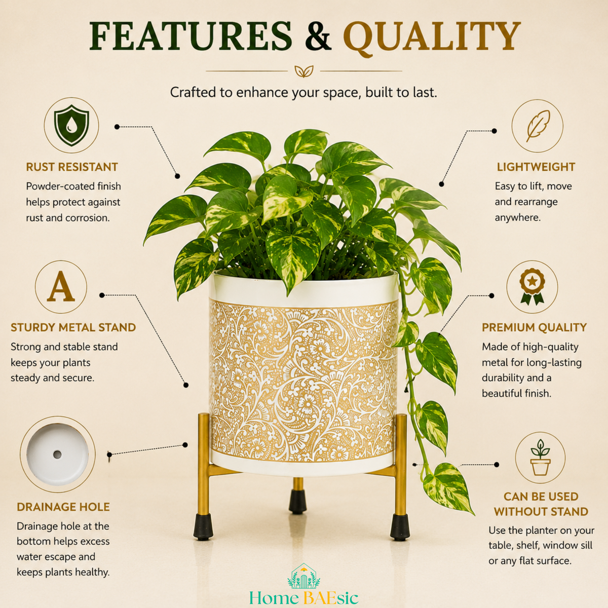 White Golden Vines designer metal planter with trailing pothos plant and gold stand, showcasing rust-resistant finish, sturdy metal stand, drainage hole, lightweight design, premium quality, and stand-free use.
