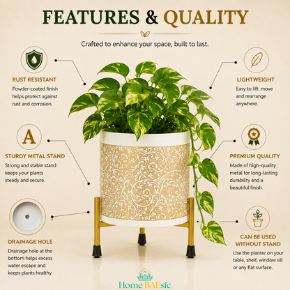 White Golden Vines designer metal planter with trailing pothos plant and gold stand, showcasing rust-resistant finish, sturdy metal stand, drainage hole, lightweight design, premium quality, and stand-free use.