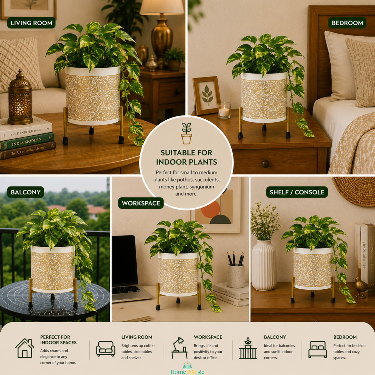White Golden Vines metal planter shown in living room, bedroom, balcony, workspace, and shelf settings