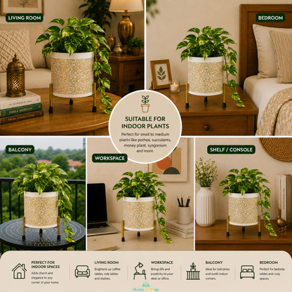 White Golden Vines designer metal planter with trailing pothos plant shown in living room, bedroom, balcony, workspace, and shelf settings, highlighting its versatility for indoor spaces.