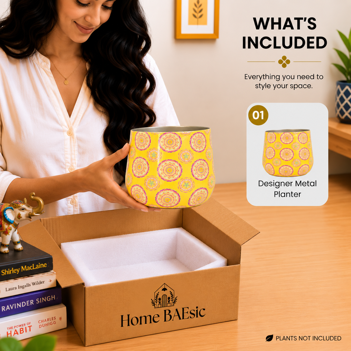 Home BAEsic Yellow Mandala pattern tumbler planter shown in hand and featured again in the What's Included section.