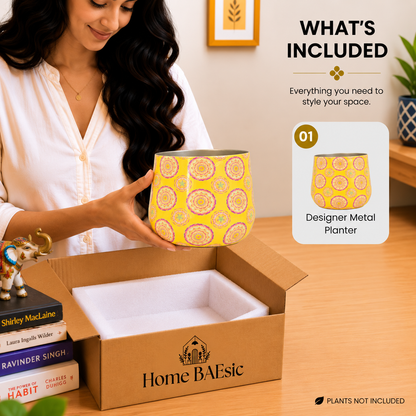 Home BAEsic Yellow Mandala pattern tumbler planter shown in hand and featured again in the What's Included section.